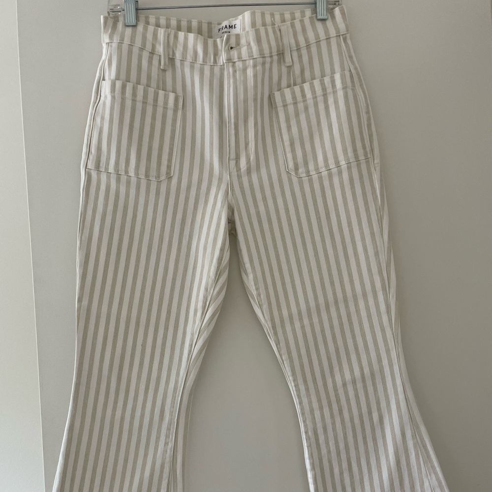 Frame Crop Flare Striped Beige and White Denim Pants
